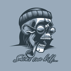 Skull in a cap with a pipe and  glasses with text Smoke can Kill. Monochromic tattoo style.