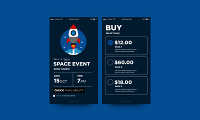 Naklejka premium Space Event App Interface Design with Rocket Vector Illustration