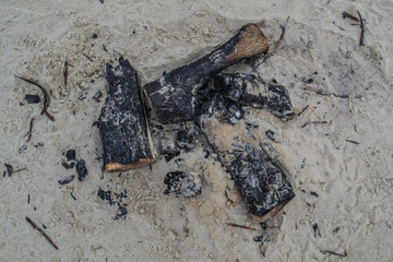 Extinct bonfire on the sand. Old bonfire on the beach. Extinct fire. Burnt wood fire  in the river bank. 