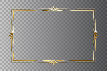 Golden shiny retro frame isolated on transparent background. Vector vintage design element.