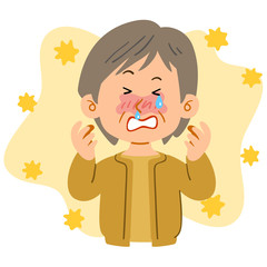 花粉症に苦しむショートヘアのシニアの女性
