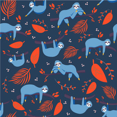 Vector seamless pattern with cute blue sloth and colorful tropical leaves © Darya Pol