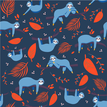 Vector seamless pattern with cute blue sloth and colorful tropical leaves