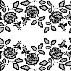 Black seamless lace border with flowers on white background