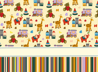 Fototapeta na wymiar Seamless baby pattern with cute animals and toys. Illustration for kids. Children background for wallpaper, textile. Baby shower pattern or birthday greeting card. 