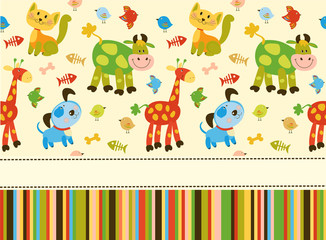 Seamless baby pattern with cute animals and toys. Illustration for kids. Children background for wallpaper, textile. Baby shower pattern or birthday greeting card. 