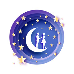 Naklejka premium Fall in Love. Moon. White Romantic lovers. Gold metal Paper Stars. paper cut style. Happy Valentine day. Romantic Holidays. 14 February. Honeymoon. Blue night starry sky. Circle frame.