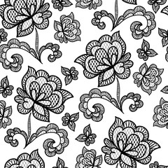 Black seamless lace pattern with rose on transparent background