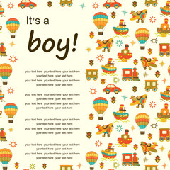 Seamless adventure baby pattern. Illustration with car, train, airplane and ship for kids. Children background for wallpaper, textile. Baby shower pattern or birthday greeting card. 