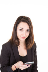 Beautiful woman smiling looking smartphone texting