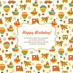 Seamless adventure baby pattern. Illustration with car, train, airplane and ship for kids. Children background for wallpaper, textile. Baby shower pattern or birthday greeting card. 