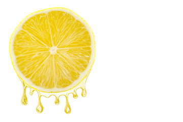 Sliced lemon with a juice dropping from it, isolated on white background