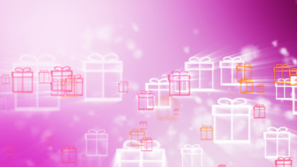 Digital pink abstract background with many rectangular gift boxes scattered into sparkling wave particles and areas with deep depths.