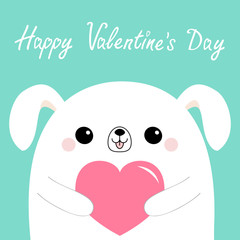 Happy Valentines Day. White dog puppy head face holding pink paper heart. Cute cartoon kawaii funny baby animal character. Flat design. Love card. Isolated. Blue background.