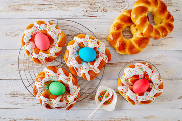 Italian Easter Bread Rings with dyed eggs