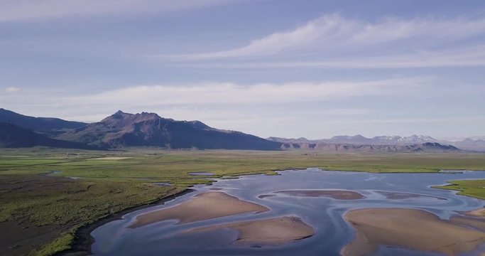 Aerial Footage of River Delt During Sunny Summer In Snaefellsness Peninsula, Iceland