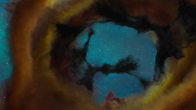 The viewer zooms into a tunnel of gas and dust in deep space in this animation.