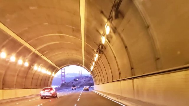 November 6, 2018. Driving through waldo tunnel in California, evening time. Getting nice evening view of golden gate bridge.