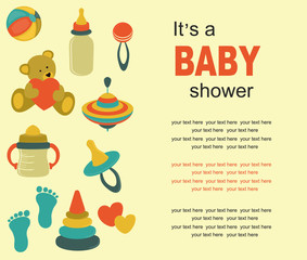 Seamless baby pattern with cute animals and toys. Illustration for kids. Children background for wallpaper, textile. Baby shower pattern or birthday greeting card. 