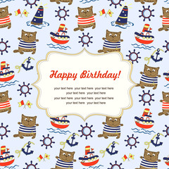 Seamless baby pattern with ships and ocean. Illustration with boats in the sea for kids. Children background for wallpaper, textile. Baby shower pattern or birthday greeting card. 