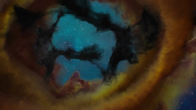 The viewer zooms into a tunnel of gas and dust in deep space in this animation.