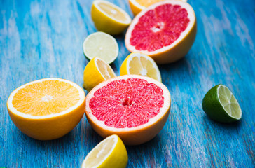 citrus food on blue background