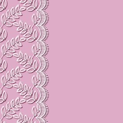Lace seamless pattern with decortive white leaves on pink background