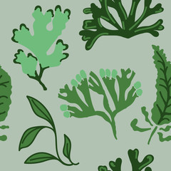 Seamless pattern with abstract seaweed. Hand drawn repeat background. Flat style illustration.