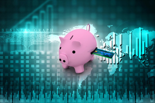 3d Rendering Pink Piggy Bank Stands In A Side View On A Blue Background With A Credit Card Stuck Into Its Coin Slot
