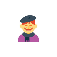 Male painter artist flat icon, vector sign, colorful pictogram isolated on white. Man artist avatar character symbol, logo illustration. Flat style design