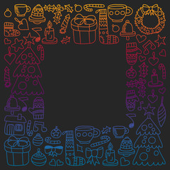 Vector set of Christmas, holiday icons in doodle style. Painted, colorful, gradient pictures on a piece of paper on blackboard.