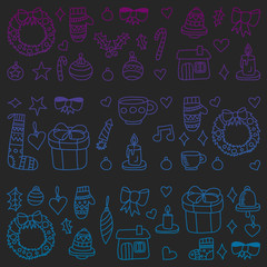 Vector set of Christmas, holiday icons in doodle style. Painted, colorful, gradient pictures on a piece of paper on blackboard.