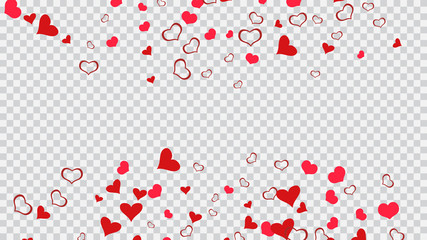 Red on Transparent background Vector. Happy background. Design element for wallpaper, textiles, packaging, printing, holiday invitation for wedding. Red hearts of confetti crumbled.