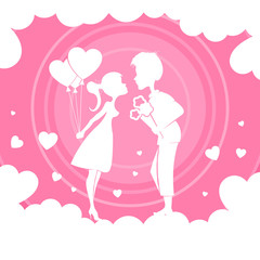 Light pink composition with a girl with balloons and a boy with flowers.