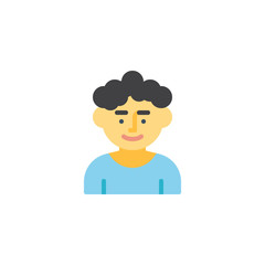 Young man with curly hair flat icon, vector sign, colorful pictogram isolated on white. Cute boy avatar character symbol, logo illustration. Flat style design