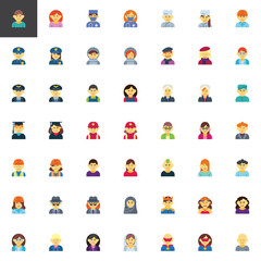 People professions avatar elements collection, flat icons set, Colorful symbols pack contains - Man doctor worker, Woman cook, police officer, artist, astronaut. Vector illustration. Flat style design