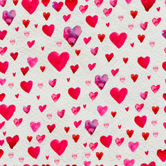 Happy Valentines Day. Seamless pattern with red watercolor hearts.