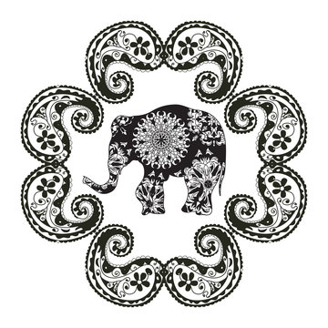Black and white Elephant vector poster with Indian tribal patterns and ornament frame isolated on white background
