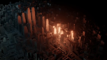 3d city with bright flashes on a dark background