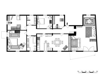 2d floor plan. Black&white floor plan.