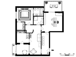 2d floor plan. Black&white floor plan.