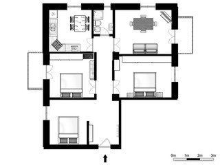 2d floor plan. Black&white floor plan.