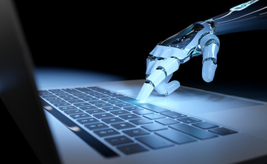 Cyborg hand pressing a keyboard on a laptop 3D rendering