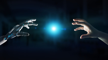 Robot hand making contact with human hand on dark background 3D rendering