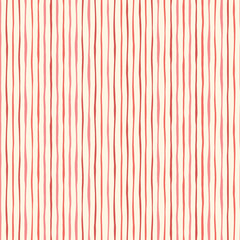 Red Thin Hand Drawn Wavy Uneven Vertical Stripes On Cream Backrgound Vector Seamless Pattern. Classic Abstract Geo