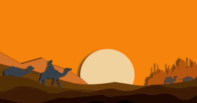 Camel caravan in the desert, animation paper art