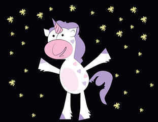 Cute little unicorn vector in hearts with purple hair. Unicorn cartoon under the falling yellow flowers.