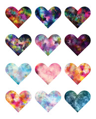 Set of heart shape with star field in galaxy space and nebula, abstract watercolor digital art painting for love valentine background