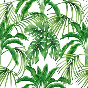Watercolor painting coconut,banana,palm leaf,green leaves seamless pattern background.Watercolor hand drawn illustration tropical exotic leaf prints for wallpaper,textile Hawaii aloha jungle style.