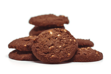 Traditional chocolate cashew butter cookies on white background